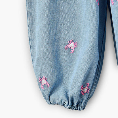 Juniors Crew Neck Short Sleeves Top and Denim Joggers Set with Turtle Print