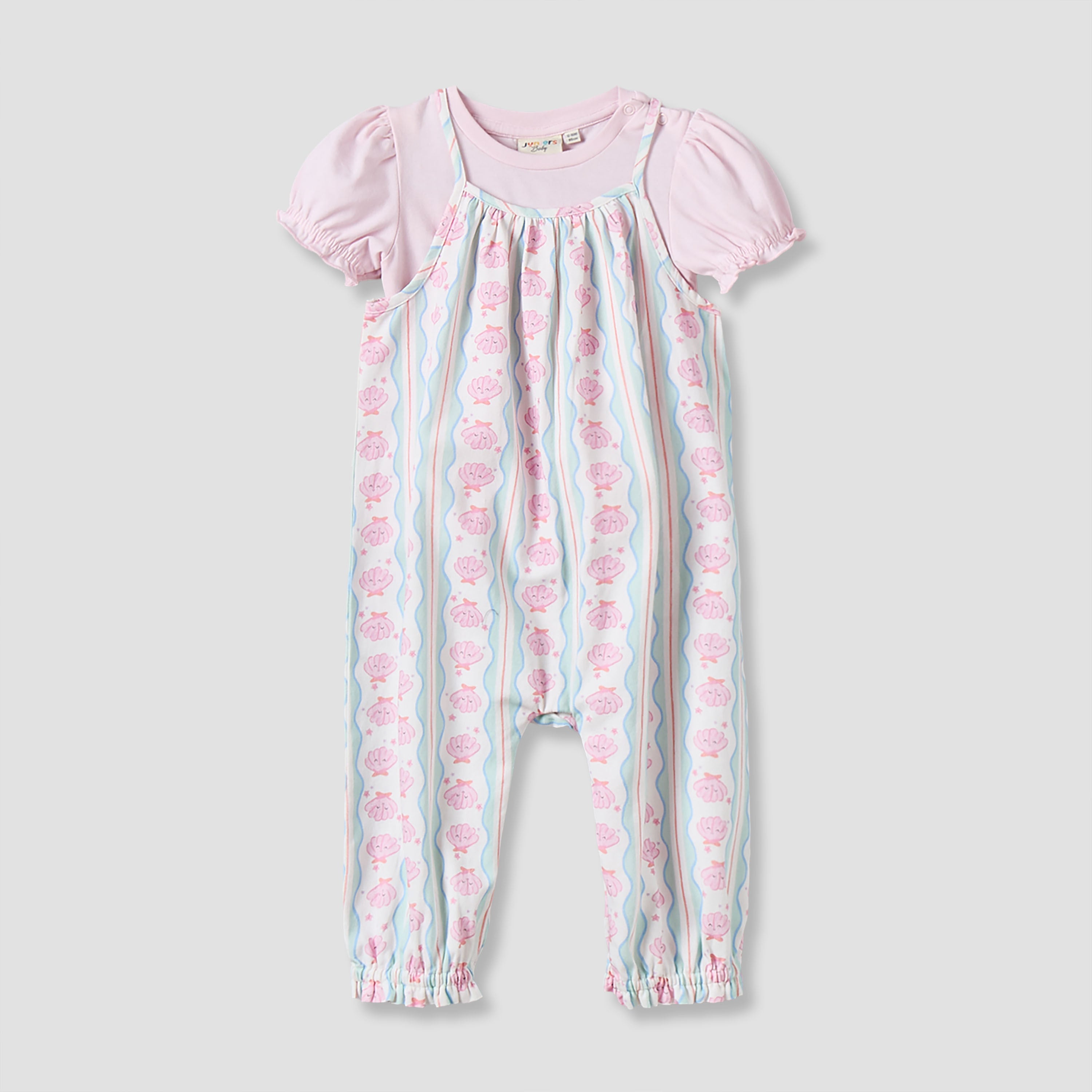 Juniors Round Neck Short Sleeves T-shirt and Dungaree Set with Ruffle Trim - Pink / 24-36 mths