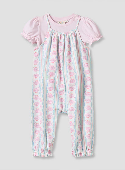 Juniors Round Neck Short Sleeves T-shirt and Dungaree Set with Ruffle Trim-baby-girls-clothing-setsandcoords-image-1