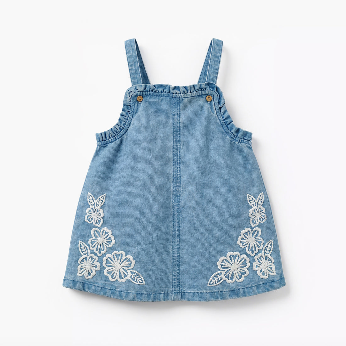 Juniors Square Neck Sleeveless Pinafore with Floral Embroidery - Blue / 12-18 mths