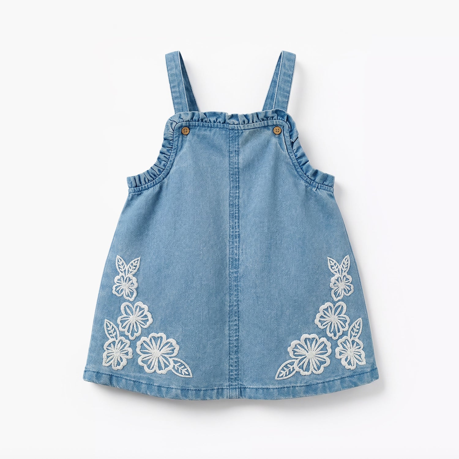 Juniors Square Neck Sleeveless Pinafore with Floral Embroidery - Blue / 12-18 mths