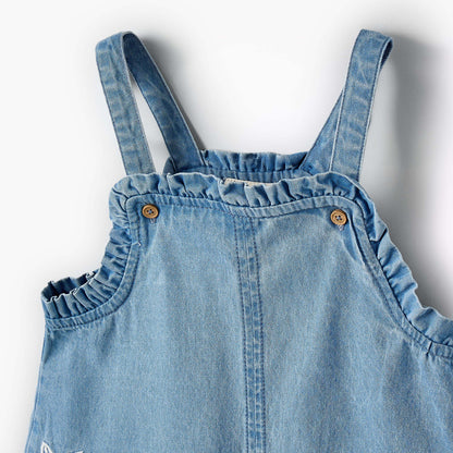 Juniors Square Neck Sleeveless Pinafore with Floral Embroidery
