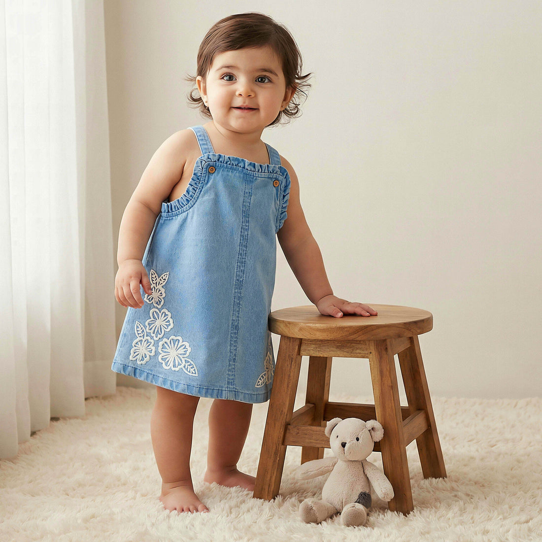 Juniors Square Neck Sleeveless Pinafore with Floral Embroidery - Blue / 18-24 mths