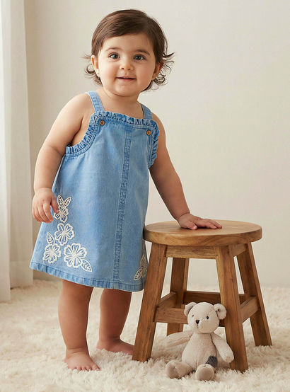 Juniors Square Neck Sleeveless Pinafore with Floral Embroidery-girls-clothing-dressesandjumpsuits-image-1