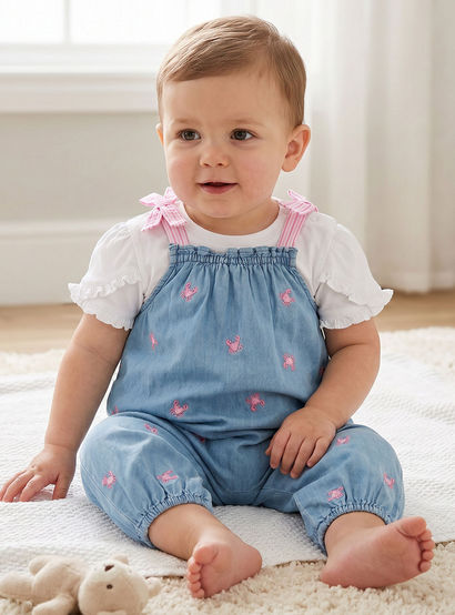 Juniors Square Neck Sleeveless Dungaree with Crab Embroidery-baby-girls-clothing-rompers-image-1