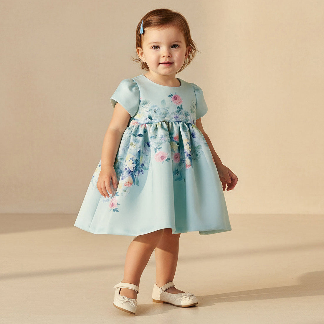 Junior Round Neck Short Sleeves Prom Dress with Bloomers - Green / 12-18 mths