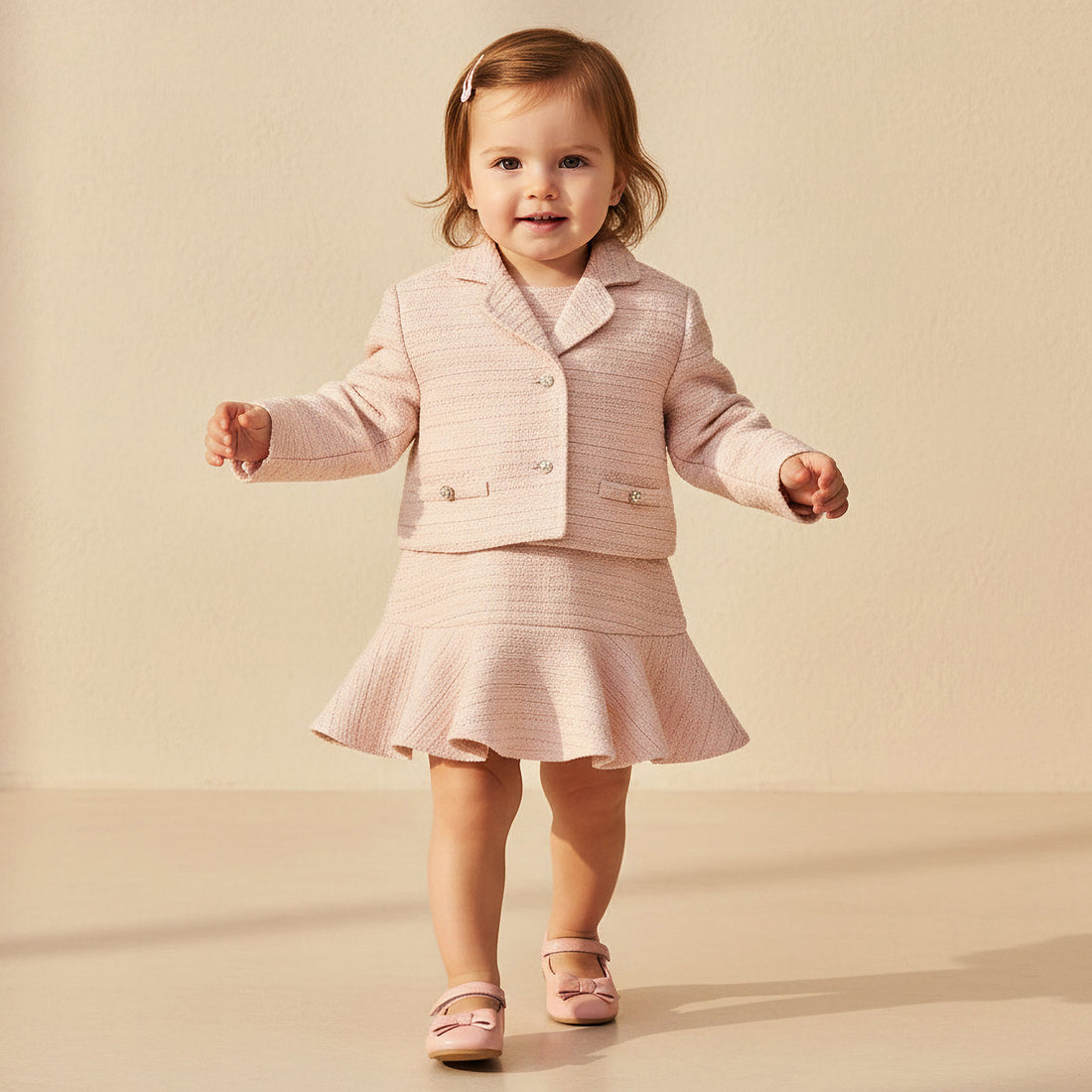Juniors Sleeveless A-line Dress and Blazer Set with Textured Design - Pink / 24-36 mths