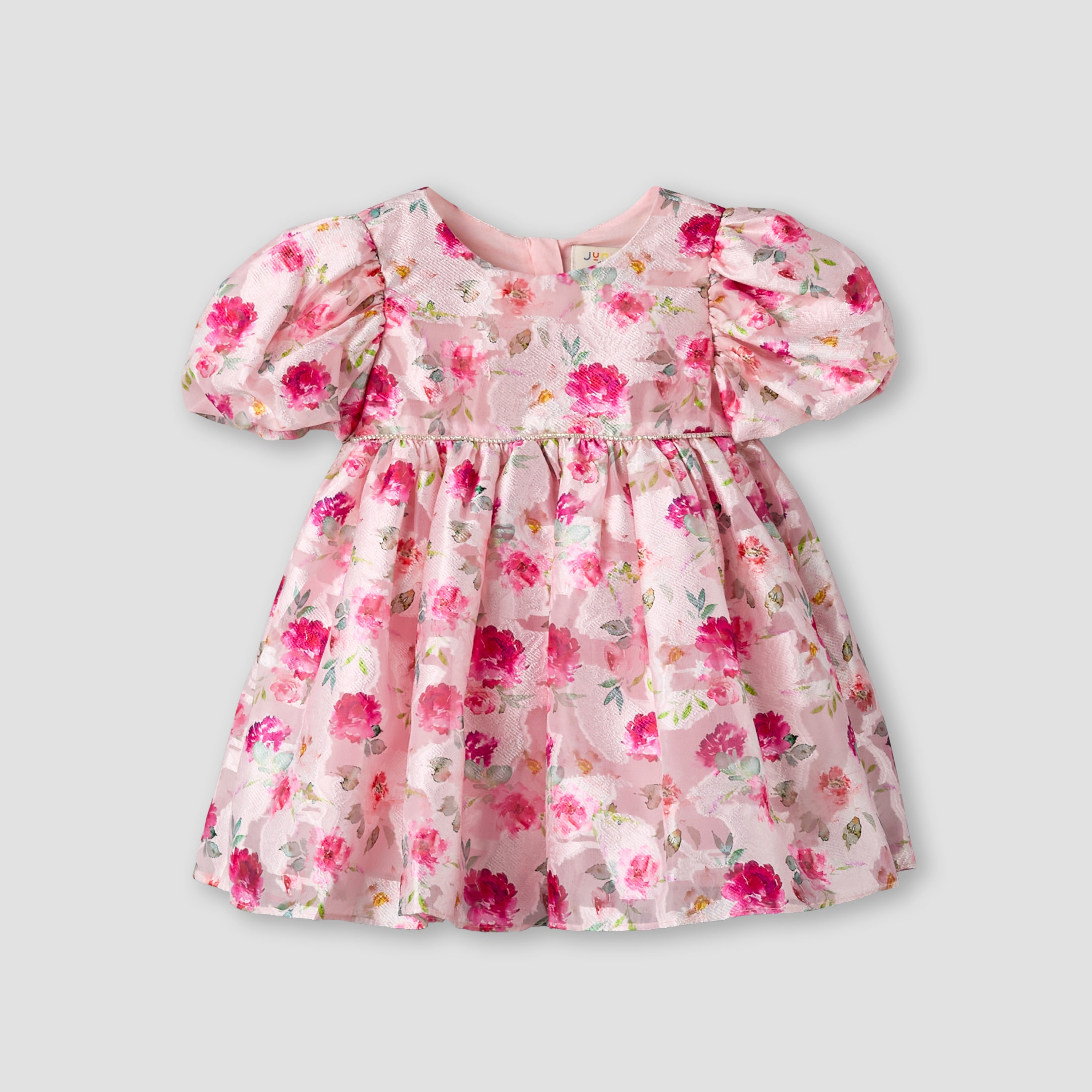 Juniors Round Neck Short Puff Sleeves Dress with Floral Print - Pink / 12-18 mths