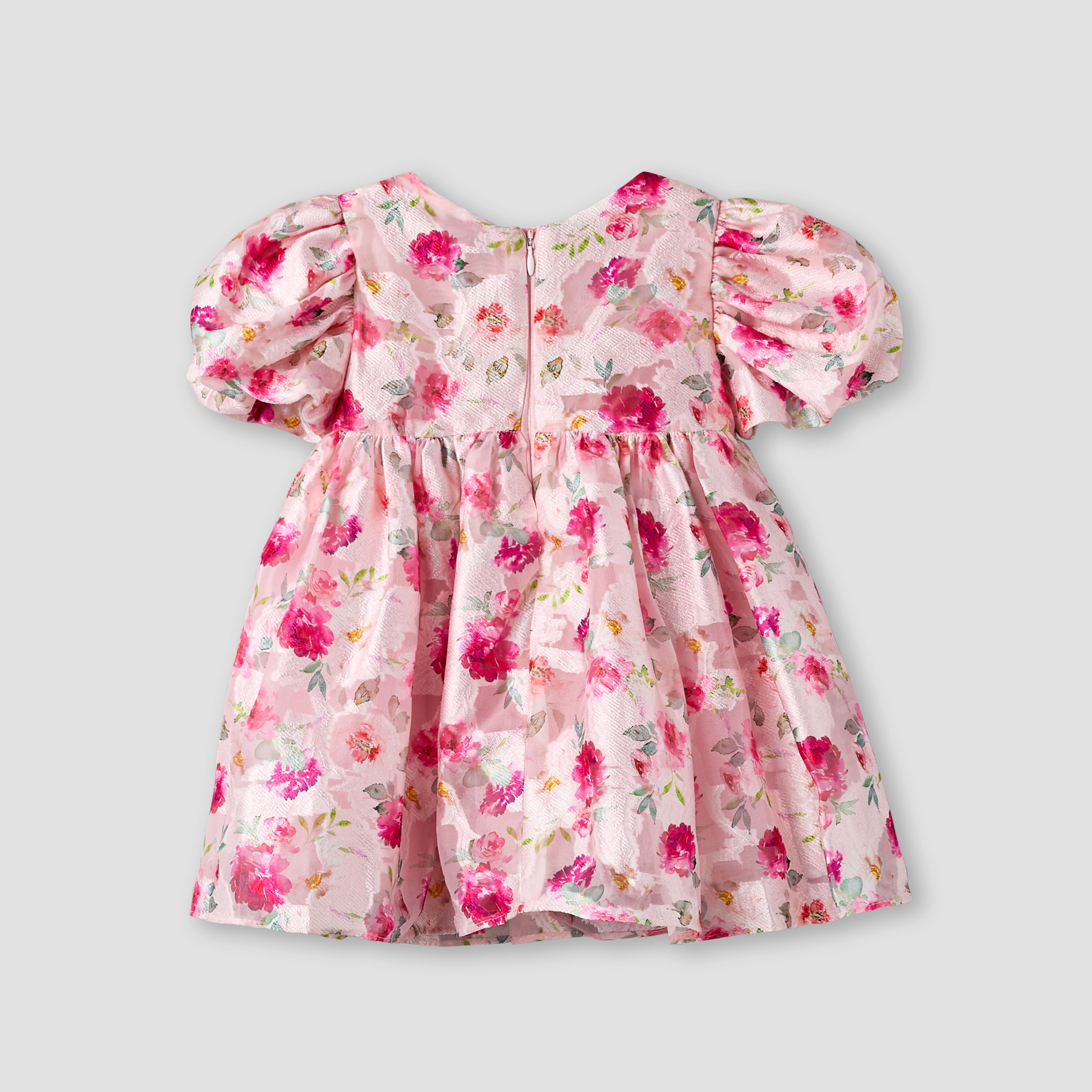 Juniors Round Neck Short Puff Sleeves Dress with Floral Print