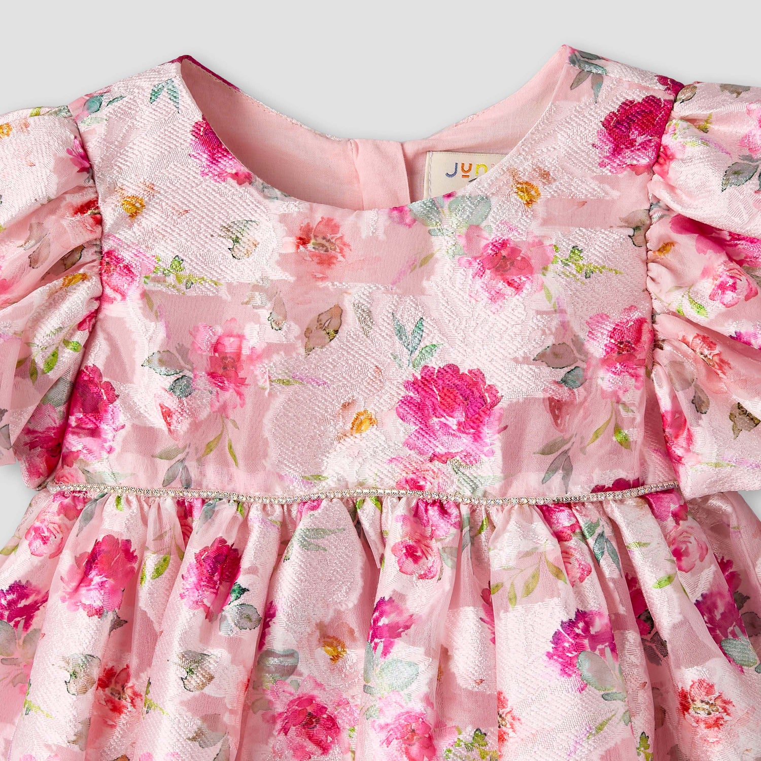 Juniors Round Neck Short Puff Sleeves Dress with Floral Print