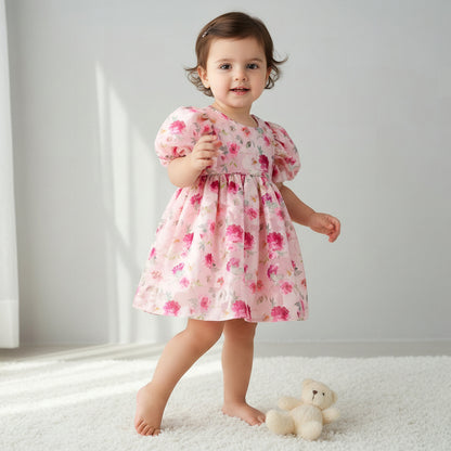 Juniors Round Neck Short Puff Sleeves Dress with Floral Print