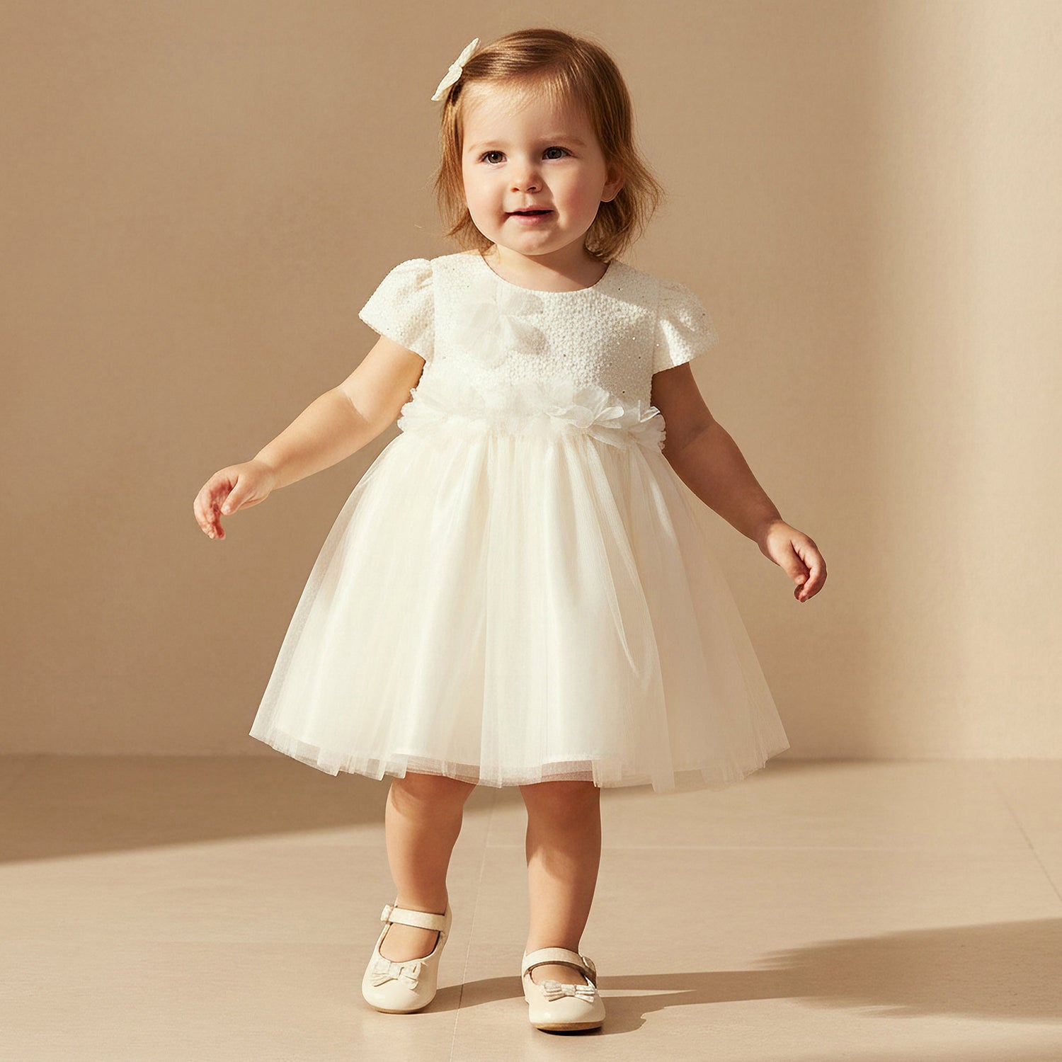 Juniors Round Neck Short Sleeve Dress with Sequin Detail - White / 12-18 mths