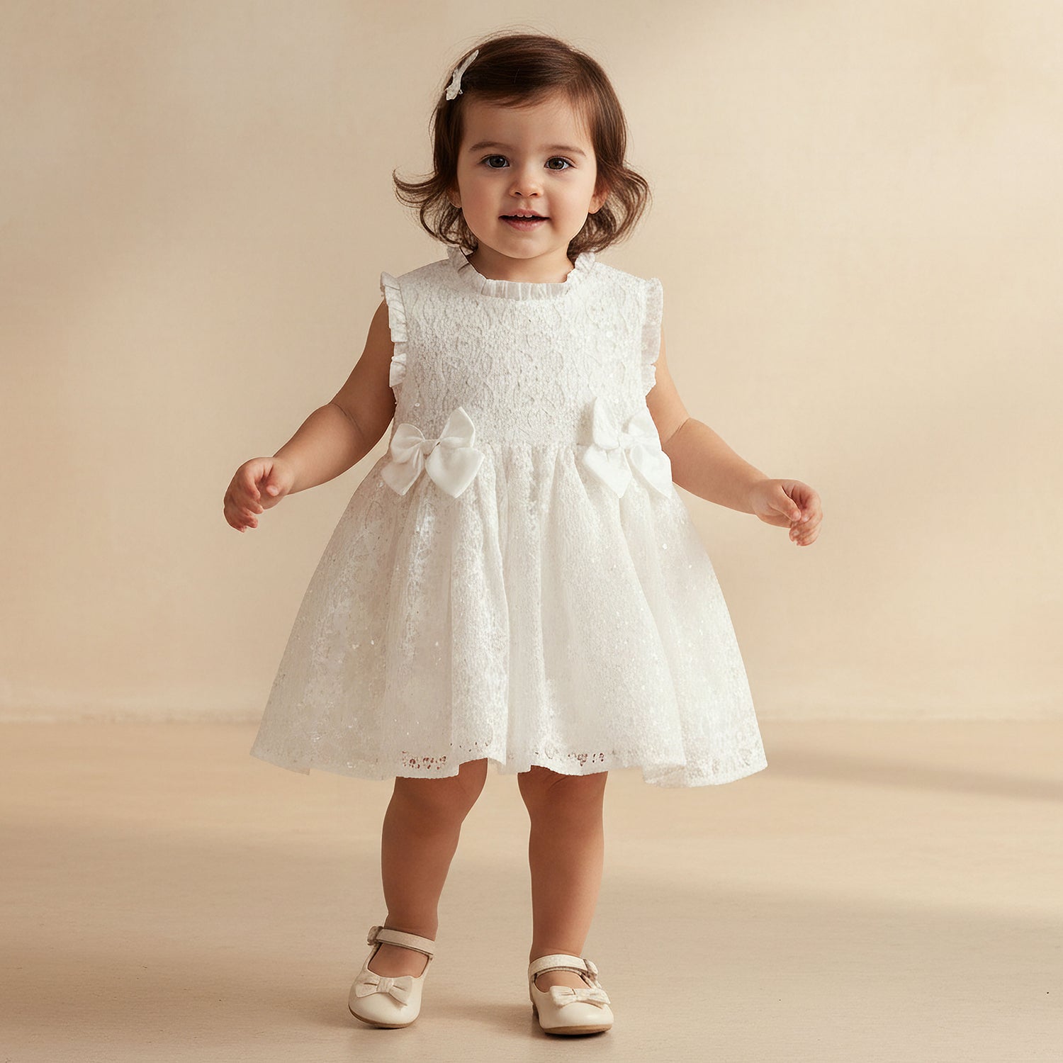 Juniors Ruffle Neck Sleeveless Dress with Bloomers and Sequin Embellished - White / 12-18 mths