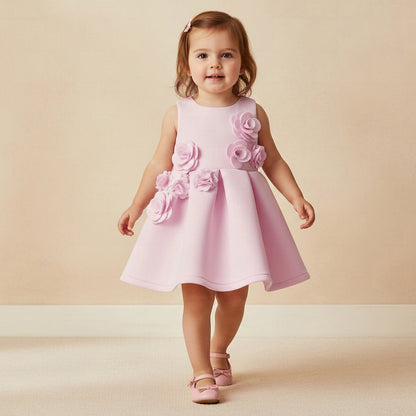 Juniors Round Neck Sleeveless Skater Dress with Floral Applique - Pink / 12-18 mths