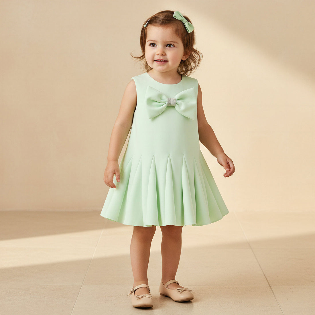 Juniors Round Neck Sleeveless Dress with Bow Accent - Green / 24-36 mths