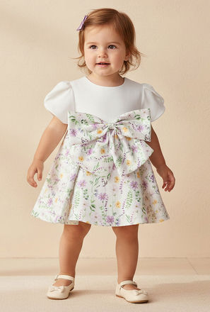 Juniors Round Neck Short Sleeves A-Line Dress with Floral Print