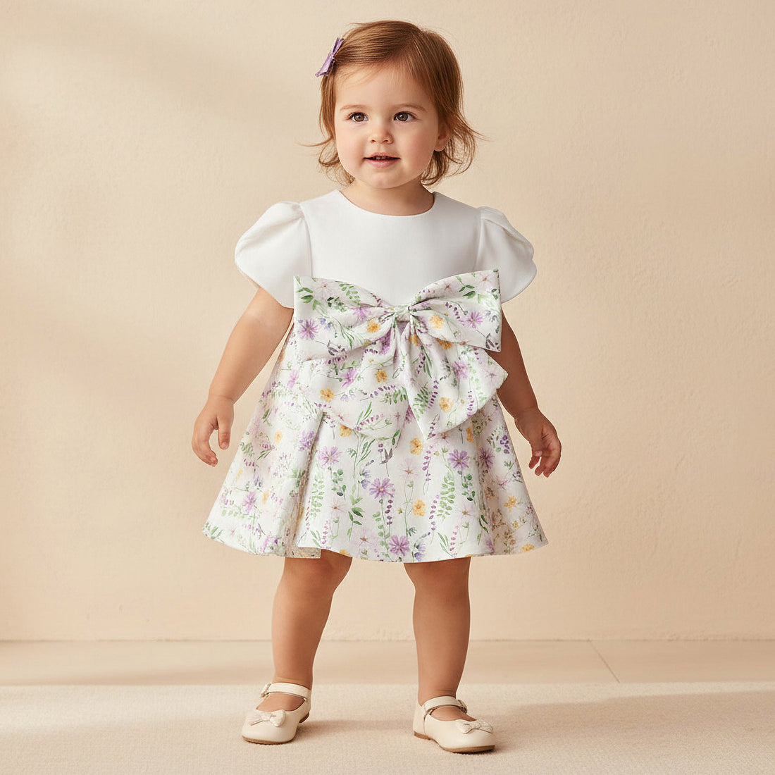 Juniors Round Neck Short Sleeves A-Line Dress with Floral Print - White / 18-24 mths
