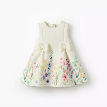 Juniors Round Neck Sleeveless Dress with Floral Print - White / 12-18 mths