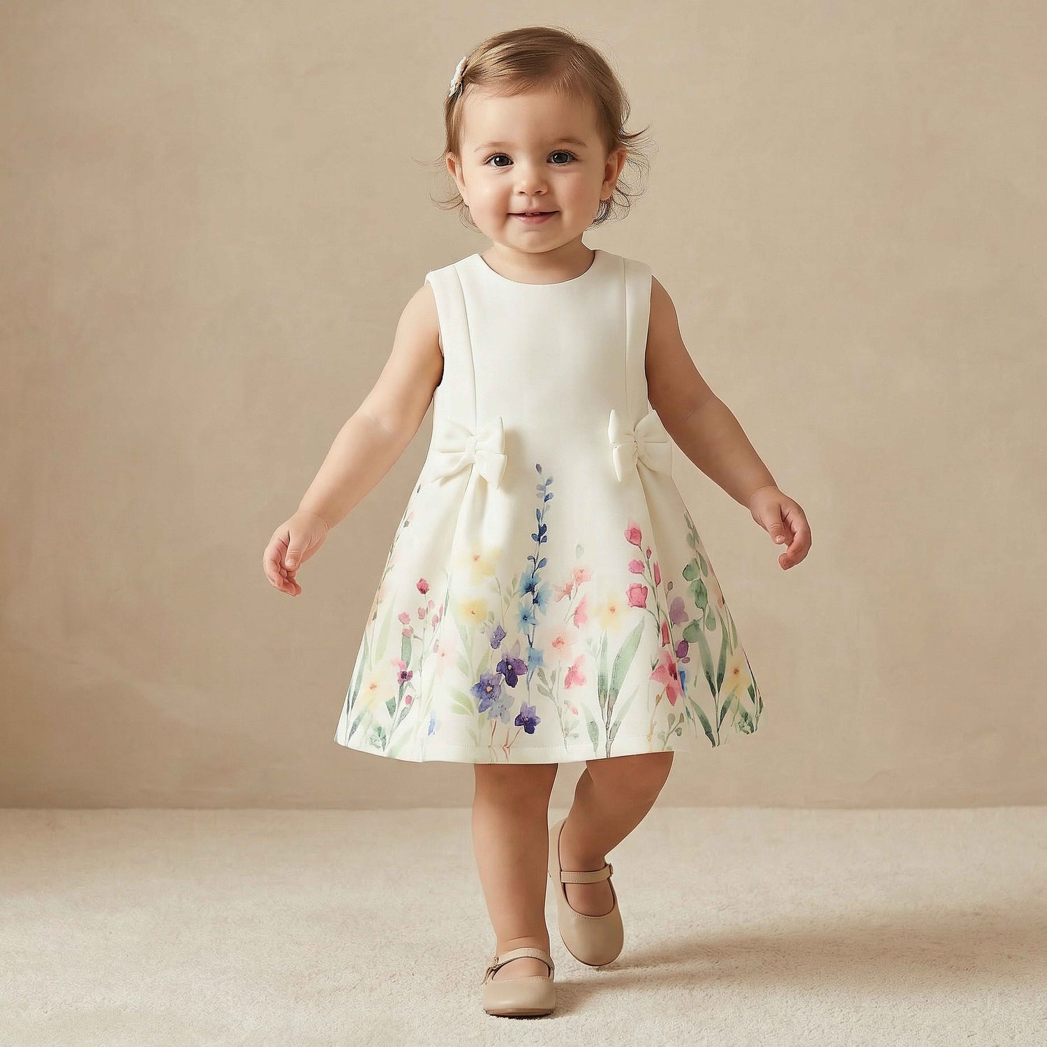 Juniors Round Neck Sleeveless Dress with Floral Print - White / 18-24 mths