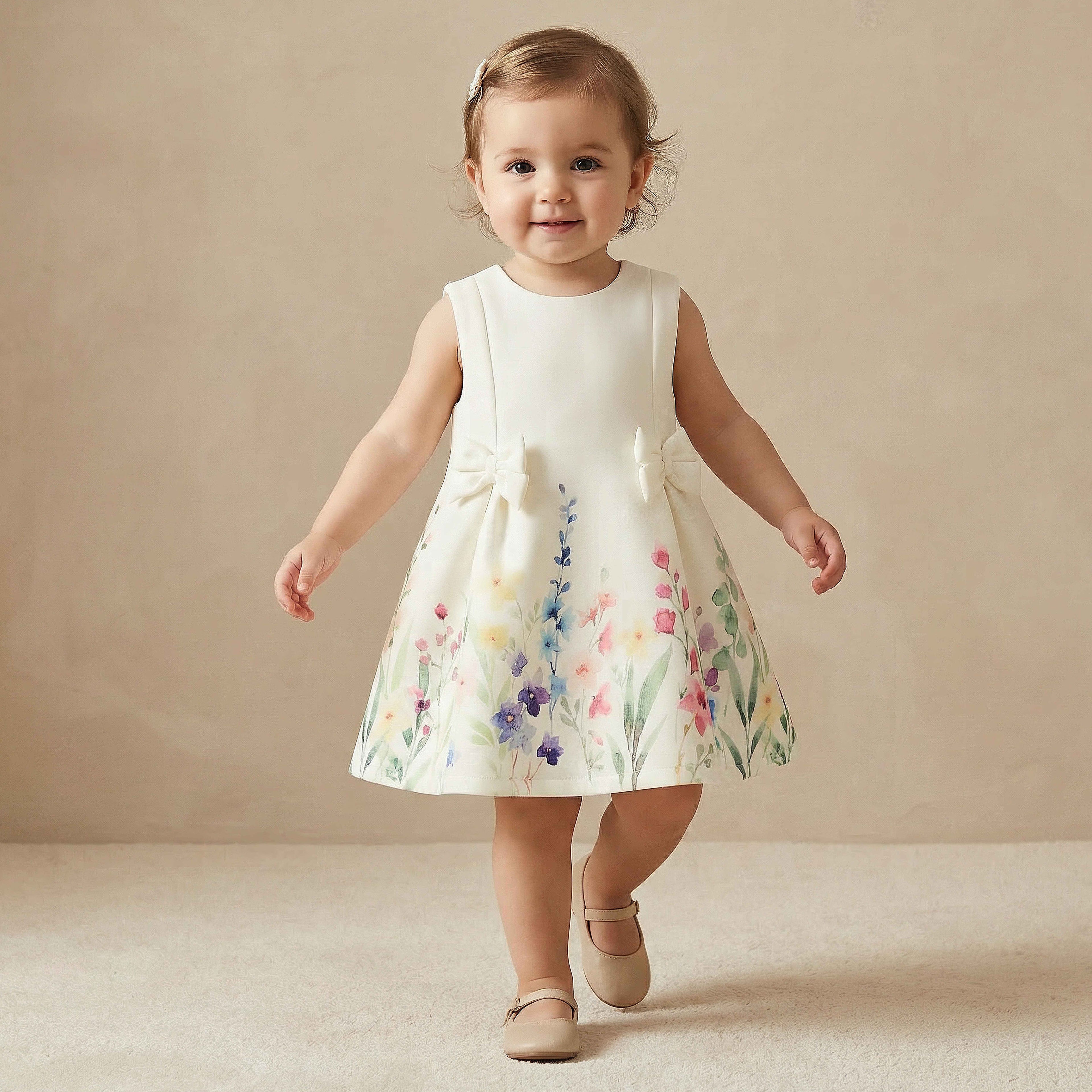 Juniors Round Neck Sleeveless Dress with Floral Print - White / 18-24 mths