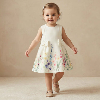 Juniors Round Neck Sleeveless Dress with Floral Print - White / 18-24 mths