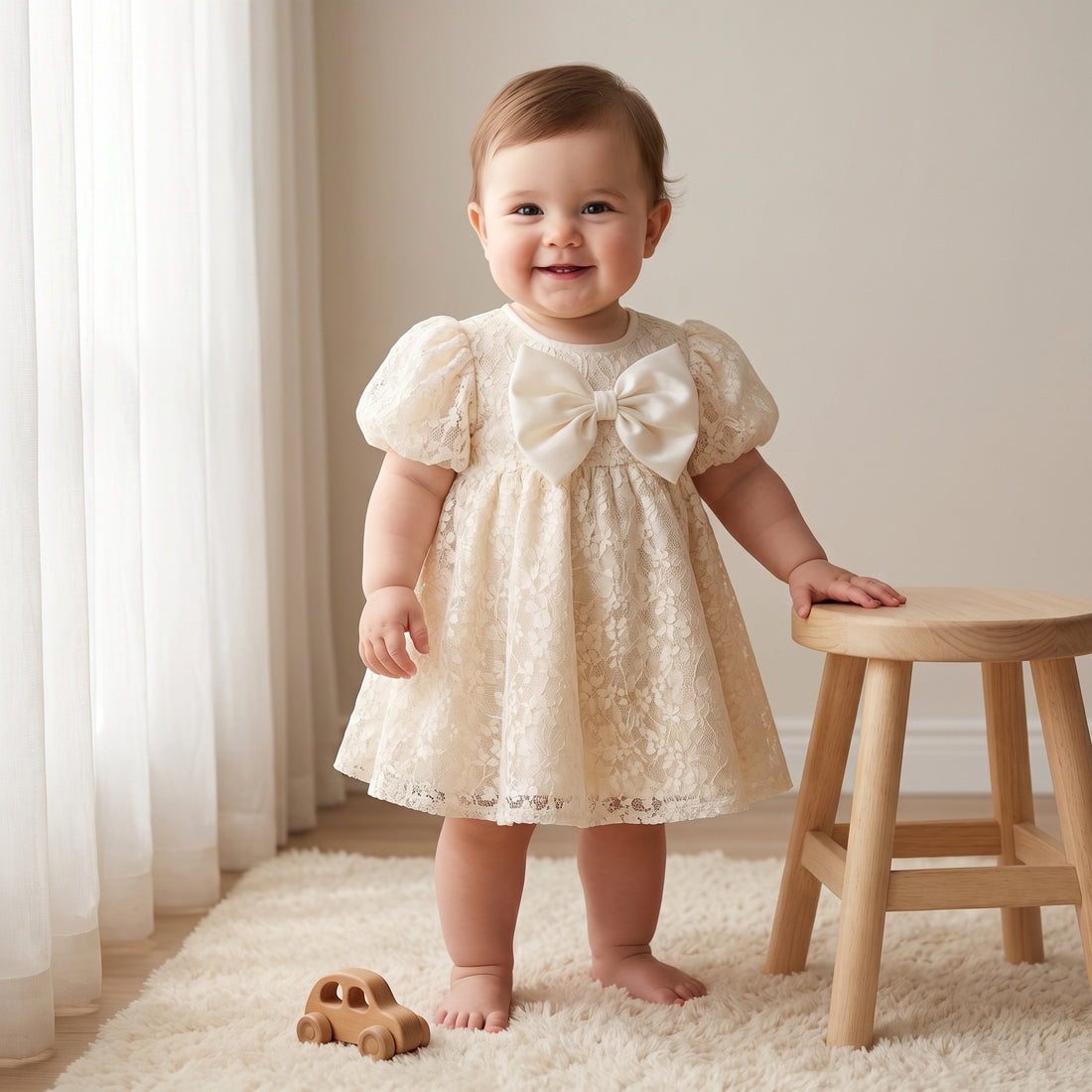 Juniors Round Neck Short Sleeves A-line Dress with Lace and Bow Detail