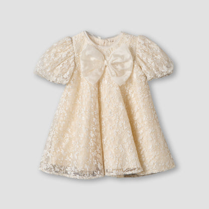 Juniors Round Neck Short Sleeves A-line Dress with Lace and Bow Detail