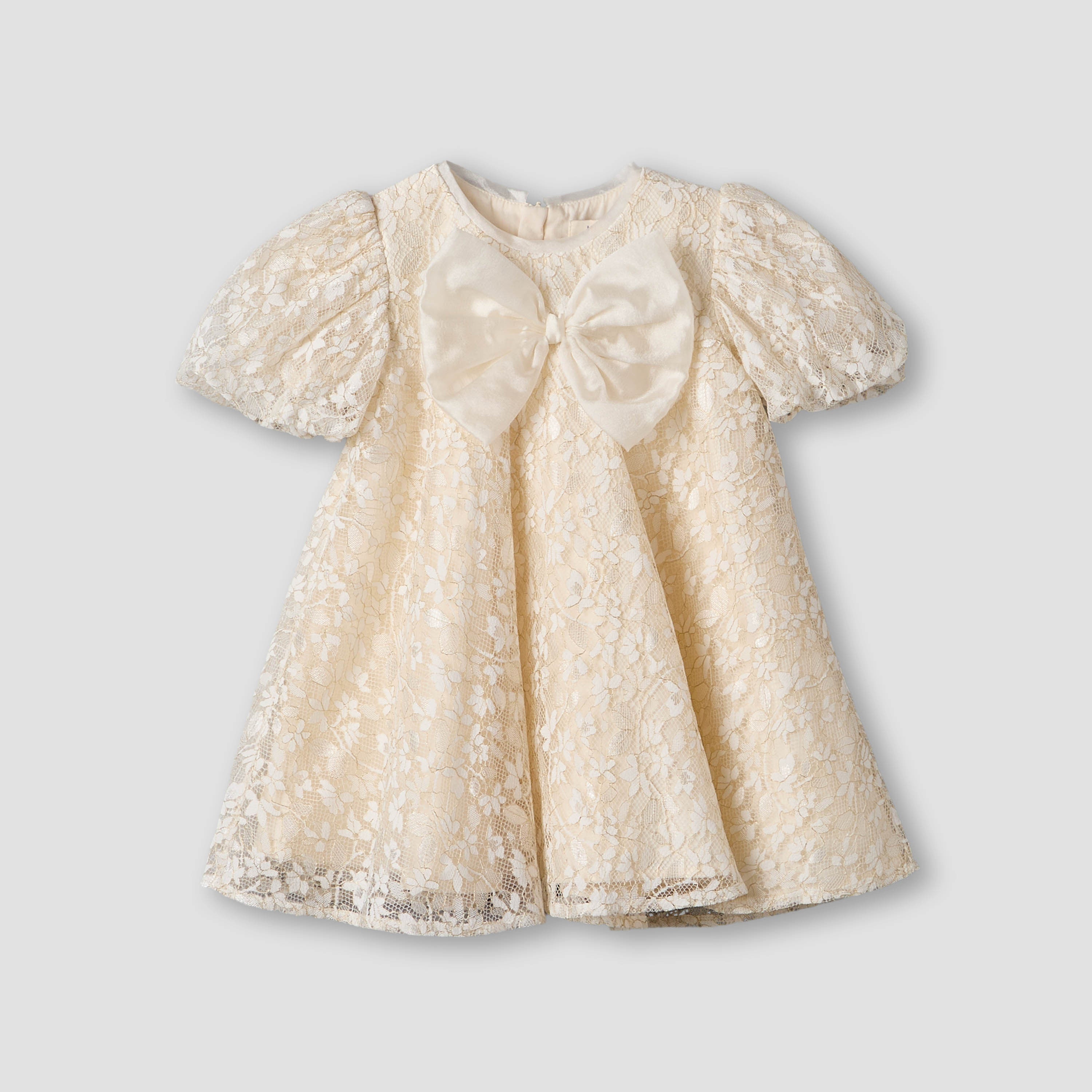 Juniors Round Neck Short Sleeves A-line Dress with Lace and Bow Detail