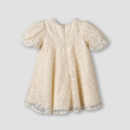 Juniors Round Neck Short Sleeves A-line Dress with Lace and Bow Detail