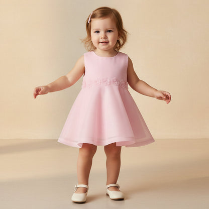 Juniors Round Neck Sleeveless A-line Dress with Floral Applique - Pink / 18-24 mths