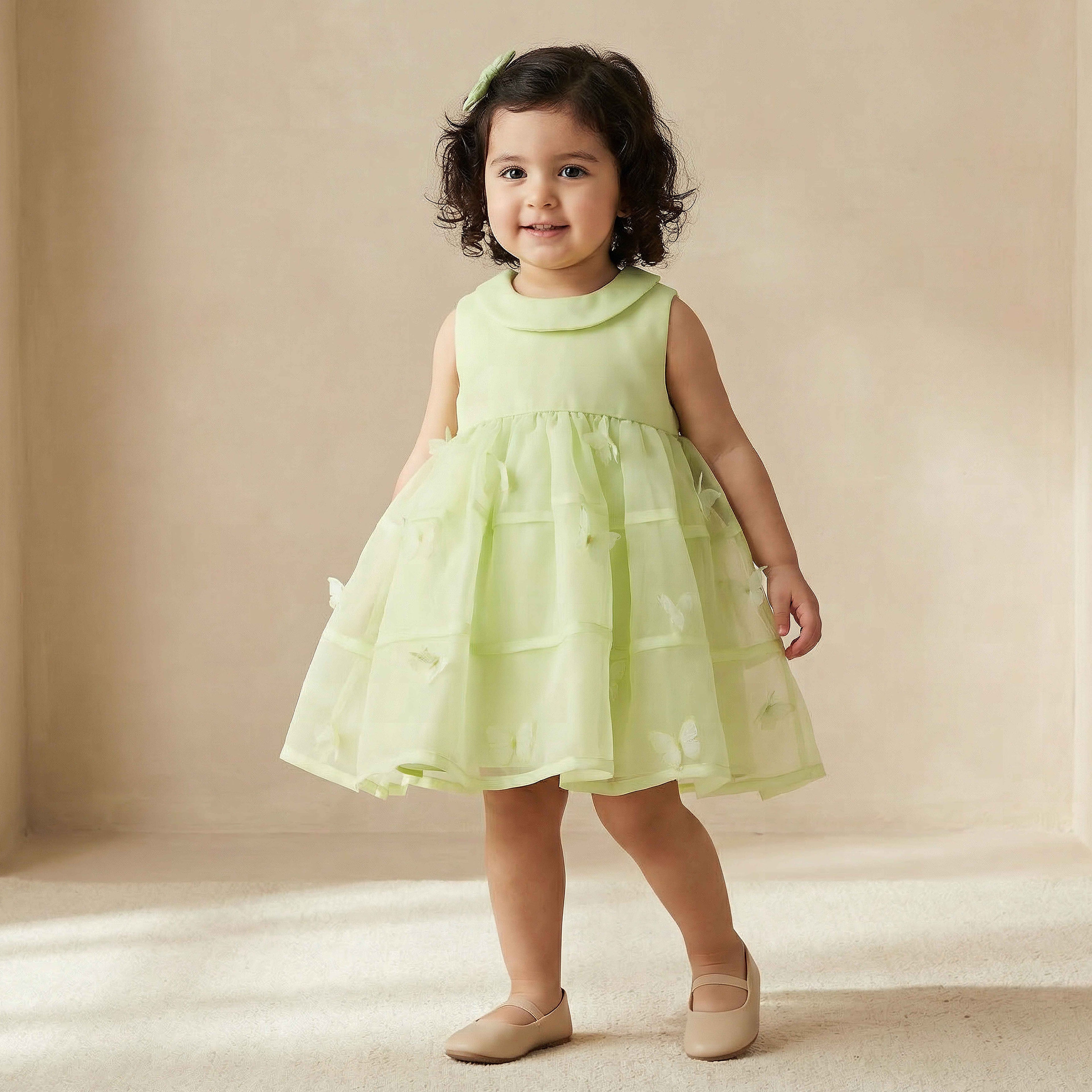 Juniors Round Neck Sleeveless A-line Dress with Butterfly Applique Detail - Green / 24-36 mths