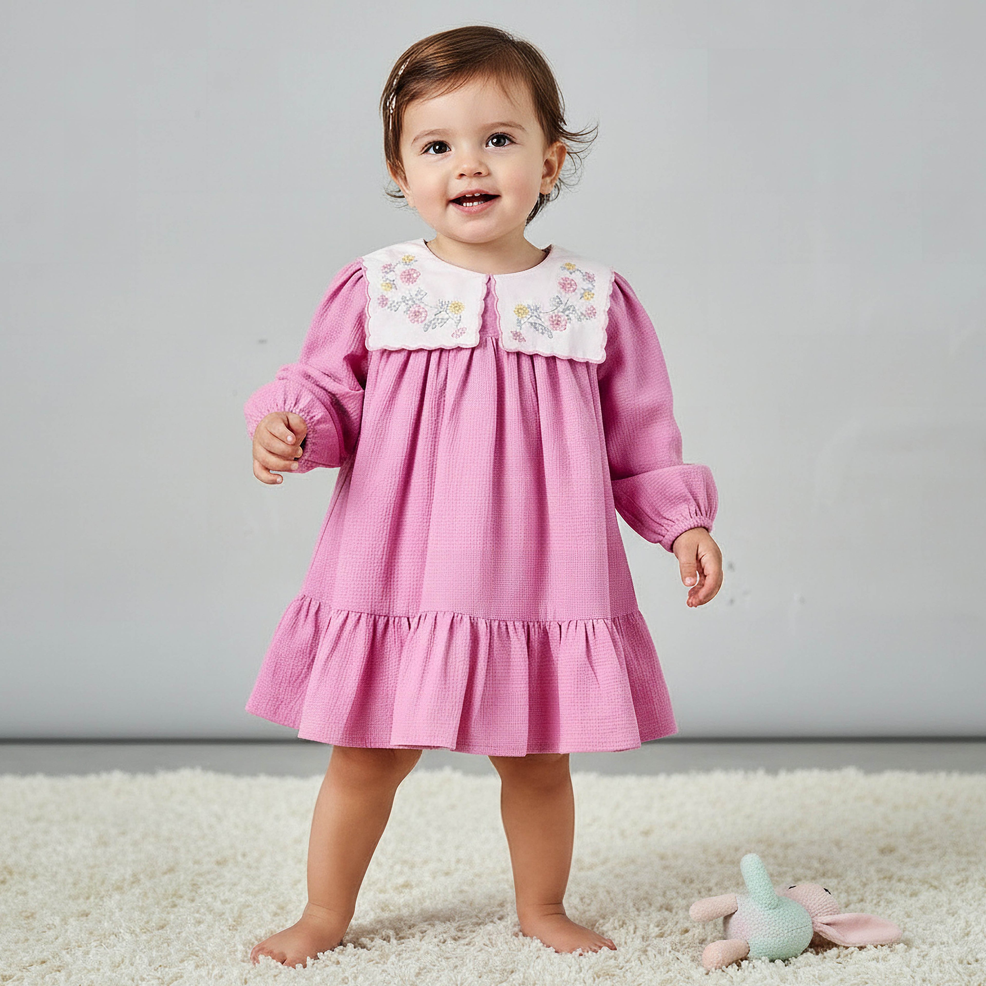 Giggles Collared Long Sleeves A-Line Dress with Bloomers - Pink / 12-18 mths