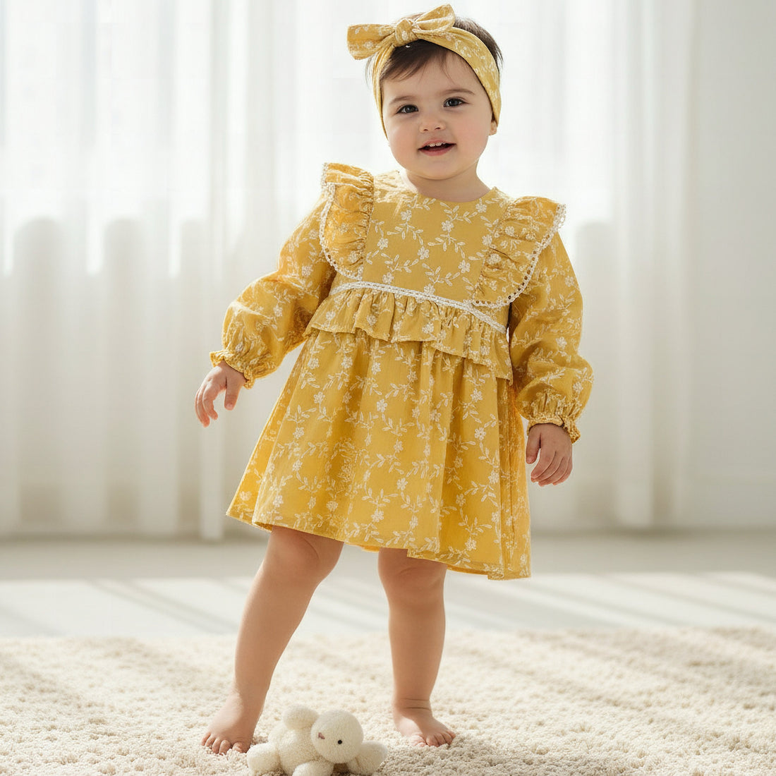Giggles Round Neck Long Sleeve Dress with Hairband - Yellow / 12-18 mths