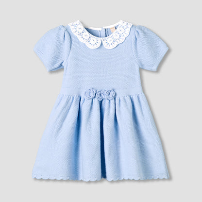 Giggles Peter Pan Collar Short Sleeve A-line Dress with Floral Applique