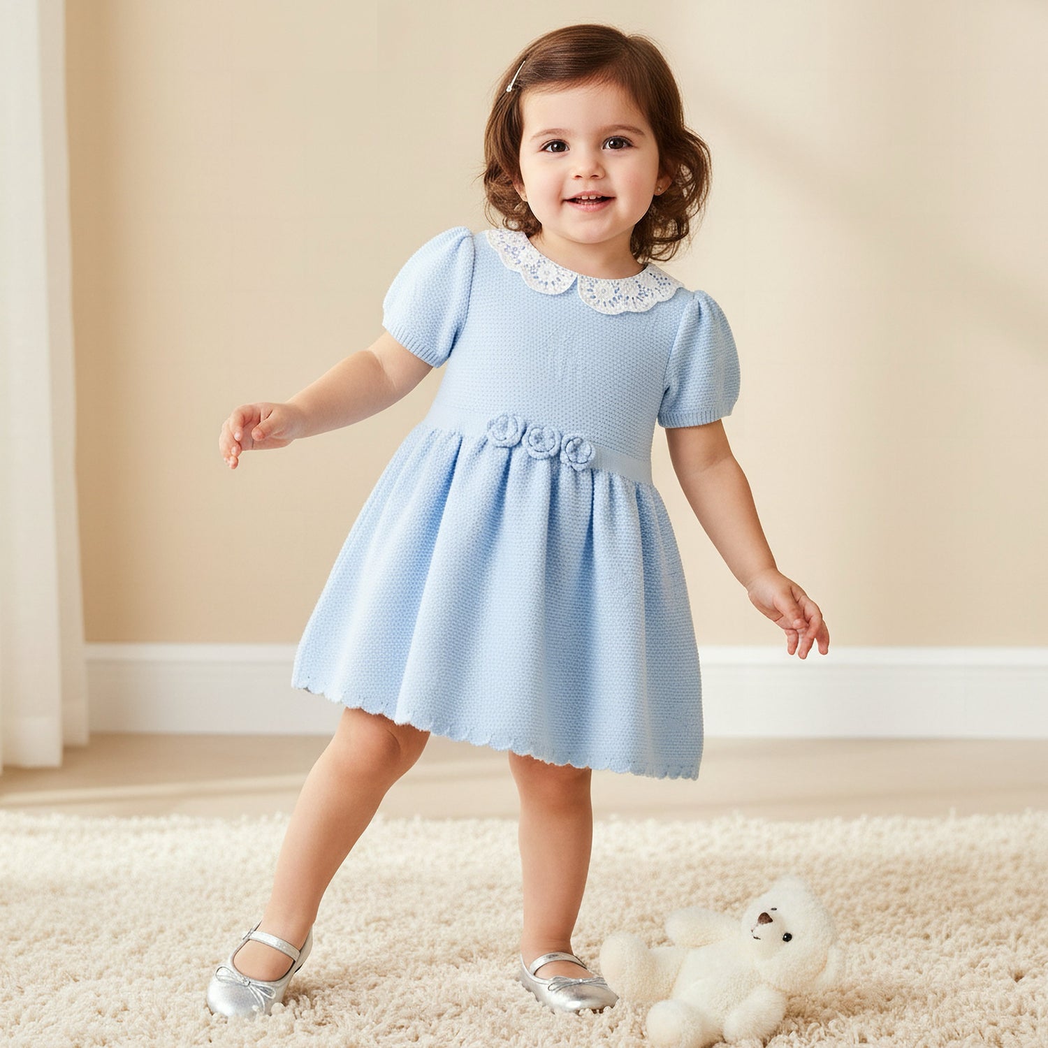 Giggles Peter Pan Collar Short Sleeve A-line Dress with Floral Applique - Blue / 12-18 mths