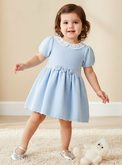 Giggles Peter Pan Collar Short Sleeve A-line Dress with Floral Applique-baby-girls-clothing-dressesandjumpsuits-image-1