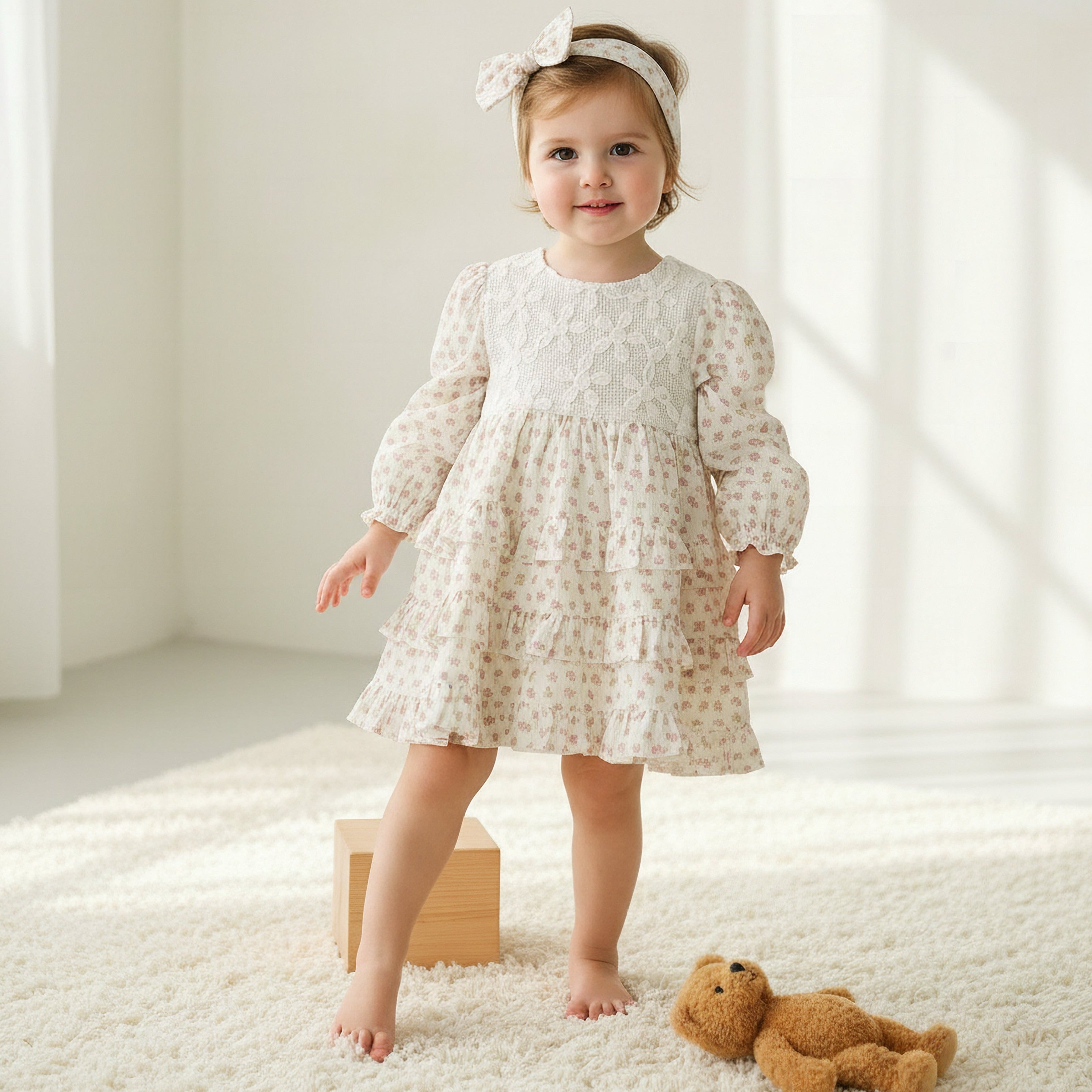 Giggles Round Neck Long Sleeve Dress with Hairband - White / 12-18 mths