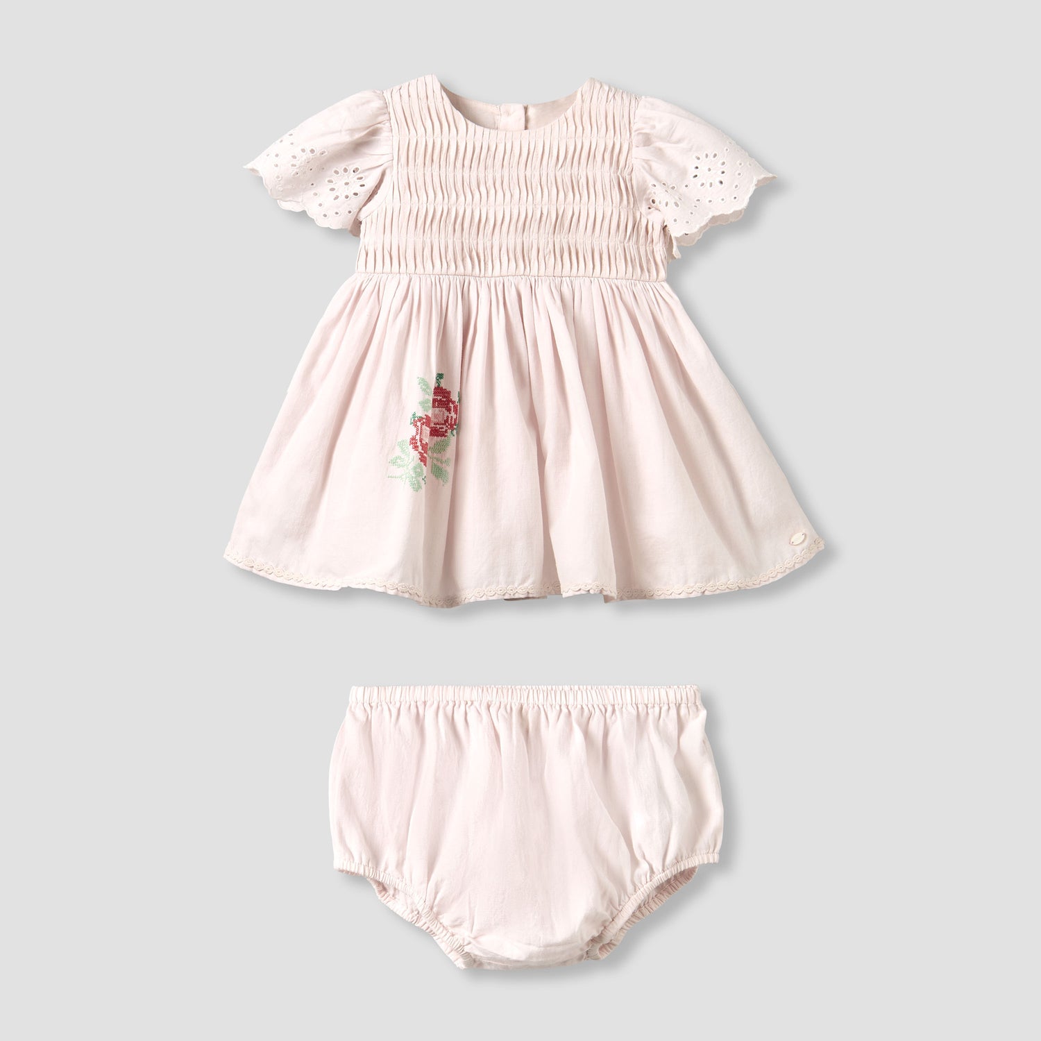 Giggles Round Neck Short Sleeves A-line Dress with Bloomers - Pink / 12-18 mths