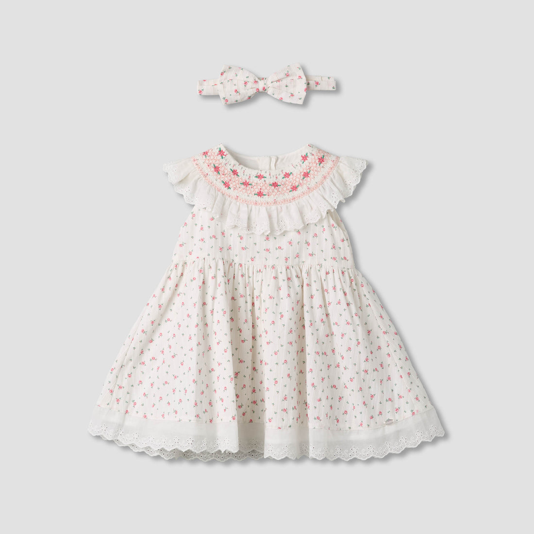 Giggles Round Neck Sleeveless A-line Dress and Headband with Floral Print - White / 12-18 mths