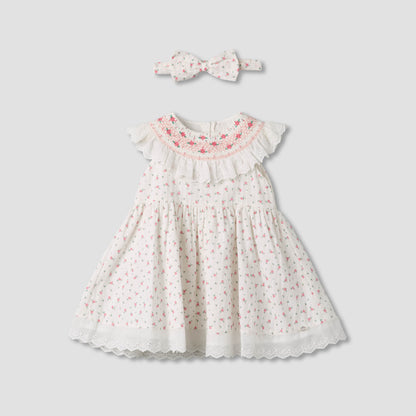 Giggles Round Neck Sleeveless A-line Dress and Headband with Floral Print