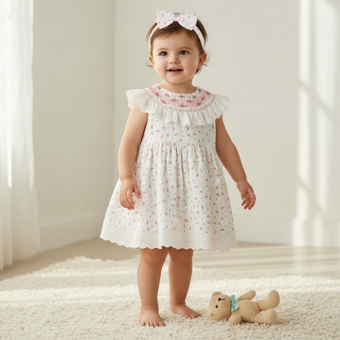 Giggles Round Neck Sleeveless A-line Dress and Headband with Floral Print - White / 12-18 mths