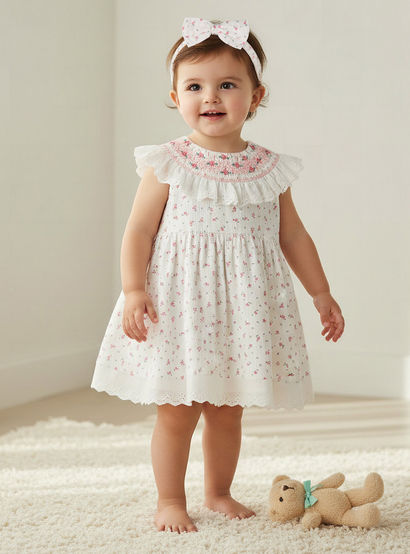 Giggles Round Neck Sleeveless A-line Dress and Headband with Floral Print-baby-girls-clothing-setsandcoords-image-1