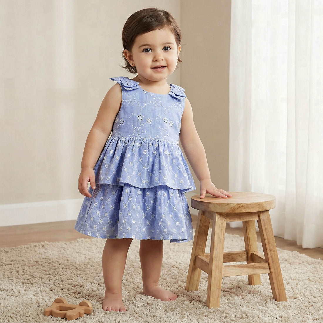 Giggles Round Neck Sleeveless Tiered Dress with Embroidered Detail - Blue / 18-24 mths