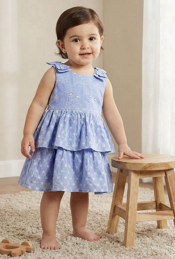 Giggles Round Neck Sleeveless Tiered Dress with Embroidered Detail