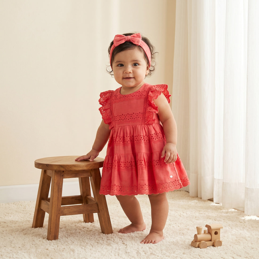 Giggles Round Neck Sleeveless Knee-Length Dress with Hairband - Red / 12-18 mths