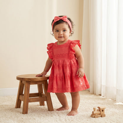 Giggles Round Neck Sleeveless Knee-Length Dress with Hairband - Red / 18-24 mths