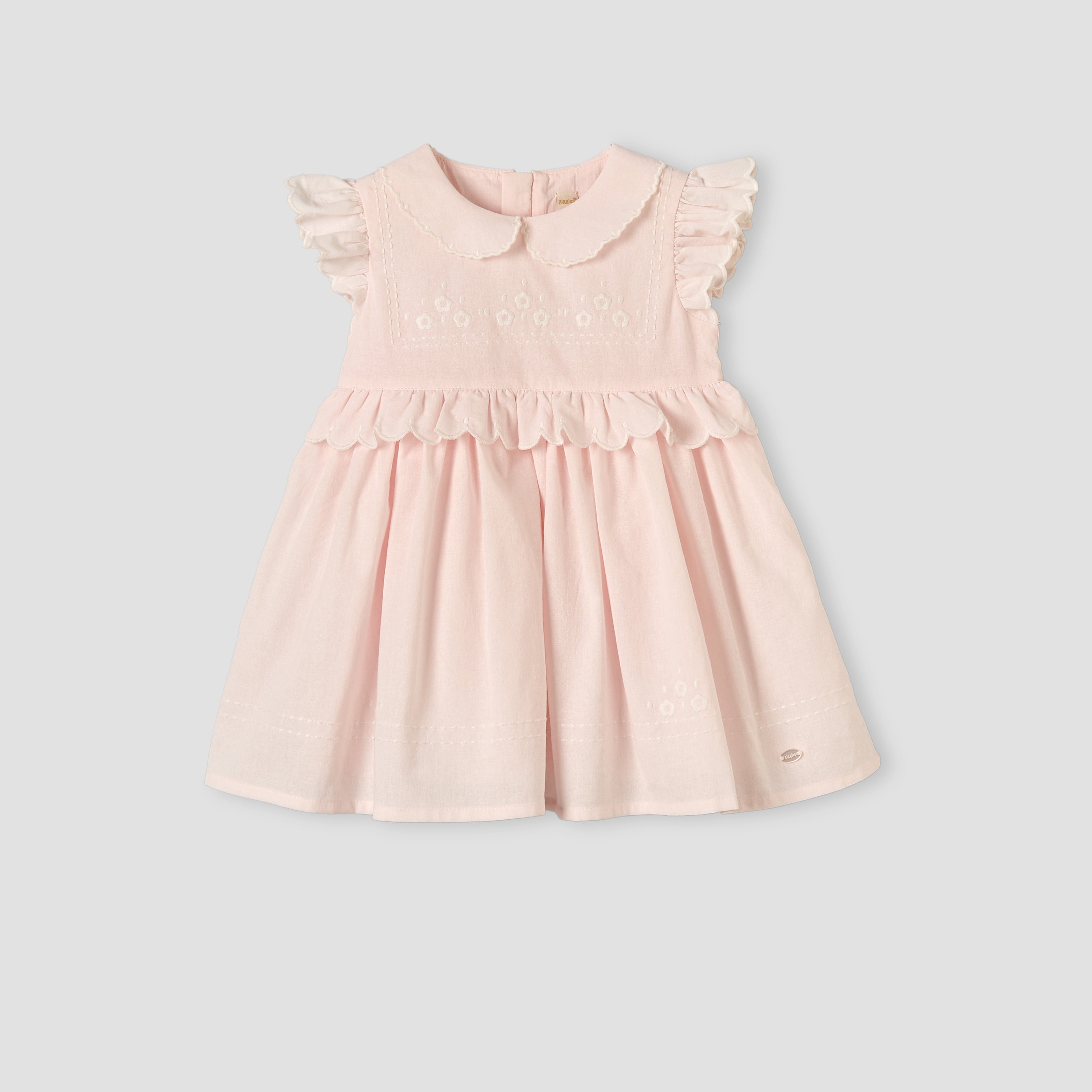 Giggles Peter Pan Collar Sleeveless Knee-Length Dress with Floral Embroidery - Pink / 12-18 mths