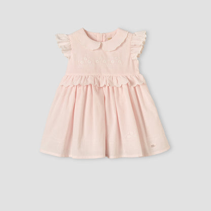 Giggles Peter Pan Collar Sleeveless Knee-Length Dress with Floral Embroidery - Pink / 12-18 mths