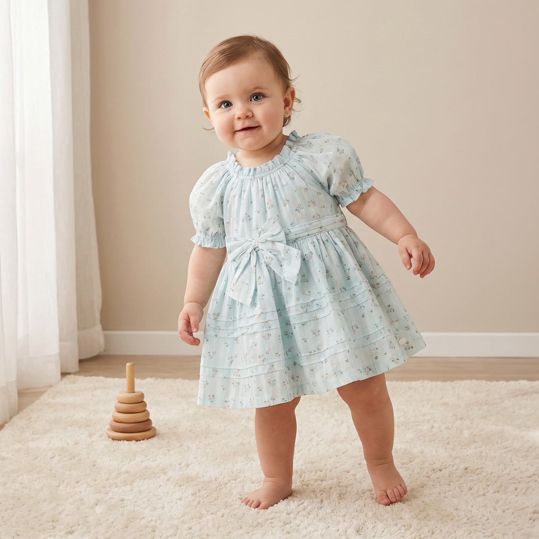 Giggles Round Neck Short Sleeve Knee-Length Dress with Floral Print - Green / 18-24 mths