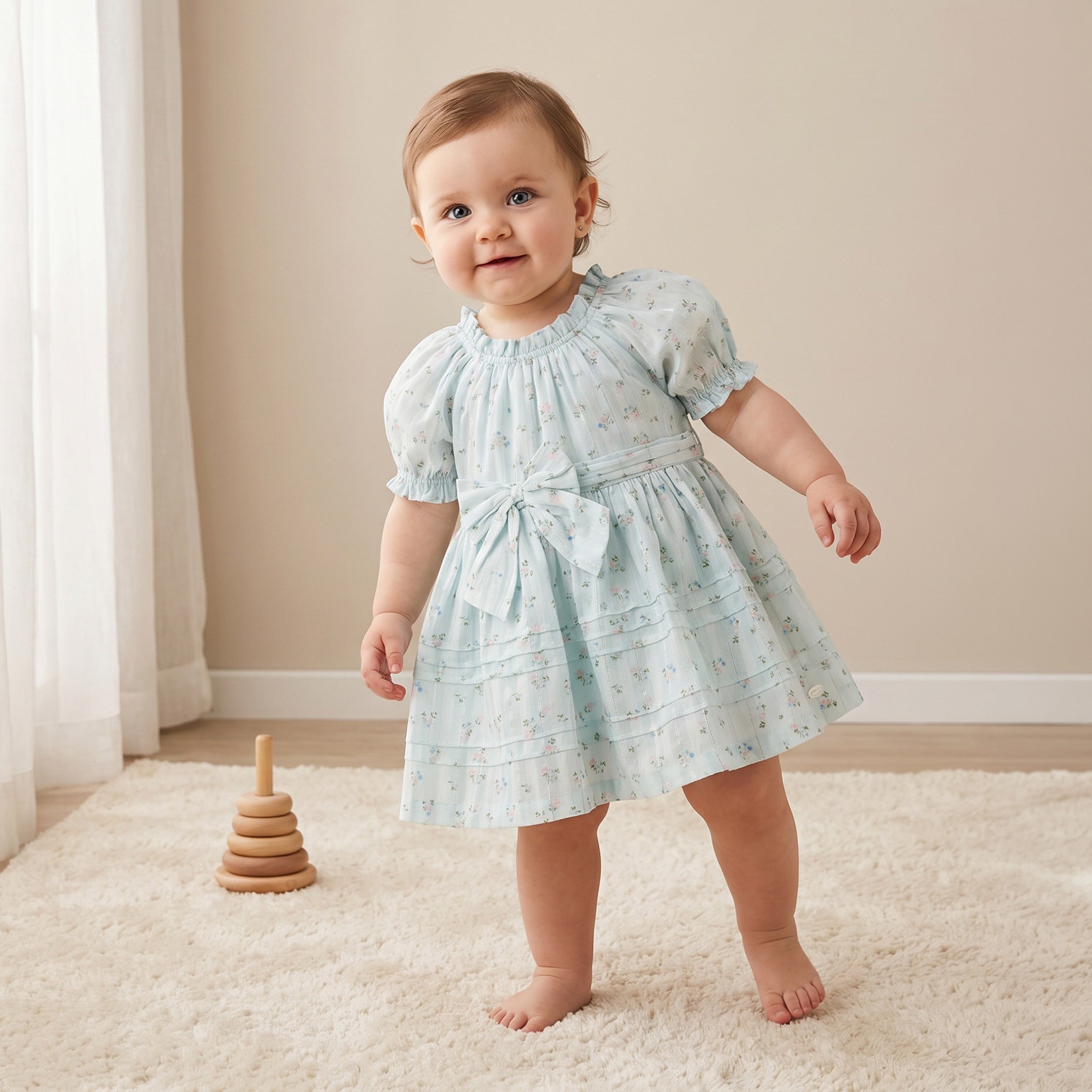 Giggles Round Neck Short Sleeve Knee-Length Dress with Floral Print - Green / 18-24 mths